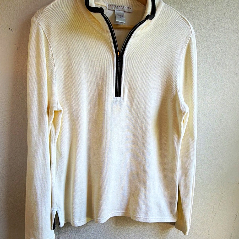 Geoffrey Beene Men's 1/4 Zip Mock Neck Solid White Cotton Knit Sweater L